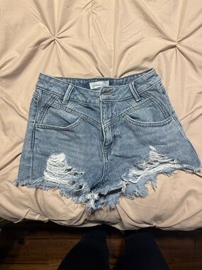 High-Rise Distressed Denim Shorts - Light Blue